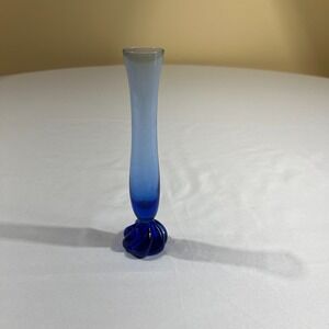 Vintage Cobalt Blue Glass Bud Vase 6.5" Hand Blown Swirl Twist Base Mid Century